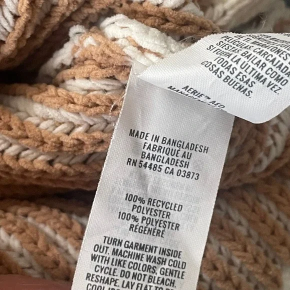 Aerie Chenille Striped Oversized Knit Sweater Pullover Tan Cream XL Chunky - Picture 6 of 8